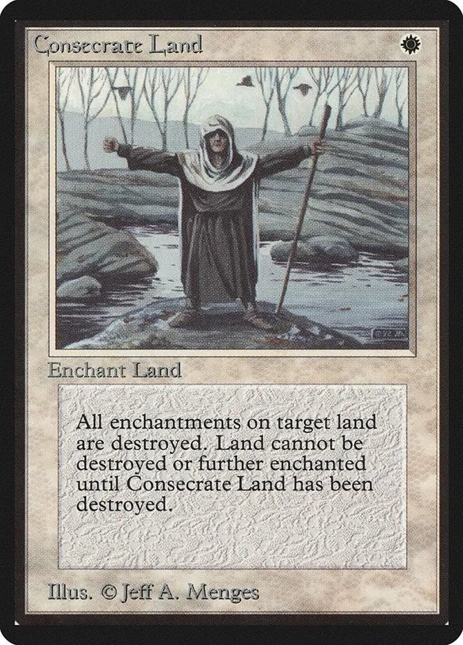 Figure in hooded robe stands in water on a landscape card.