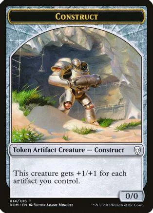 Metal construct creature in rocky landscape on a Magic: The Gathering card.