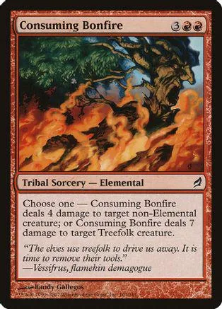 Fire engulfs a dark, gnarled tree on a Magic: The Gathering card.