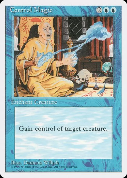 Card art depicts figure casting blue magic spell over skull. Control Magic card.