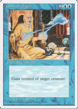 Card art shows robed figure casting blue magic toward a skull. Control Magic.