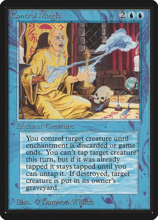 Yellow figure casting blue magic spell on a card with text.