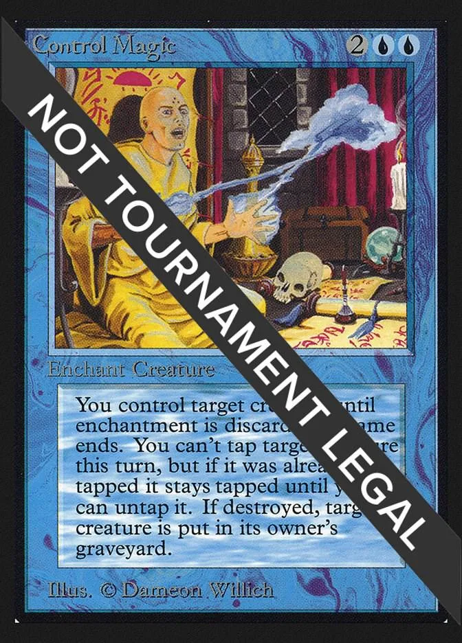 Blue and yellow Magic: The Gathering card, "Control Magic," showing a figure casting a spell.