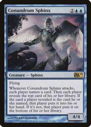 Sphinx creature card art, dark tones, white wings, black border.