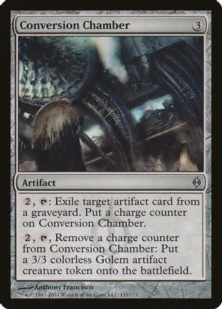 Magic: The Gathering card, Conversion Chamber, dark fantasy art, black and white tones.