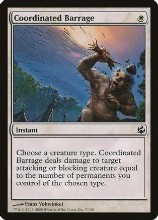 Muscular figure in dramatic sky, card art for "Coordinated Barrage" instant spell.