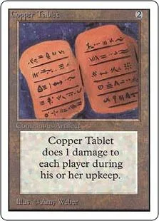 Orange and brown copper tablet card with text on a blue background.