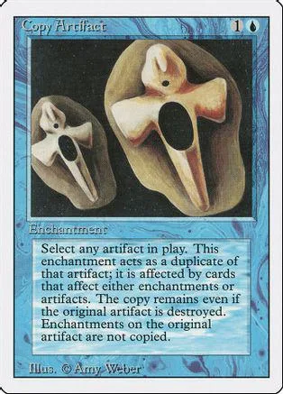 Two brown, stylized bone-like artifacts on a blue and white Magic: The Gathering card.