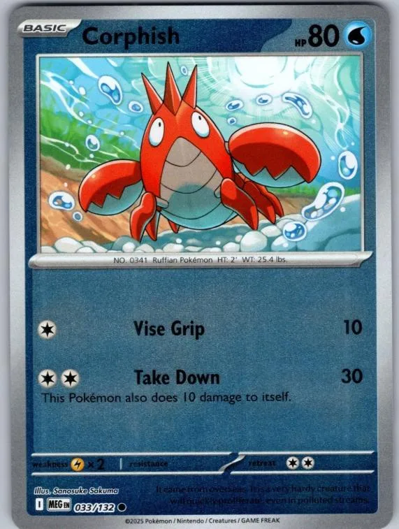 Red and orange Pokémon card, Corphish, showing a sea creature.