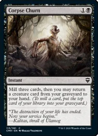 Creature card art: skeletal figure in dark woods. Black and white tones.