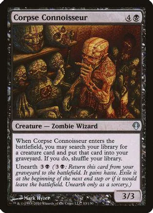 Zombie wizard creature card, dark tones, showing a figure with a staff.