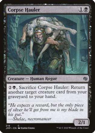 Figure carrying a corpse, dark fantasy art, black and green card.