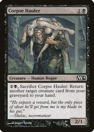 Card art depicts a figure carrying a decaying body through a dark, rocky landscape.
