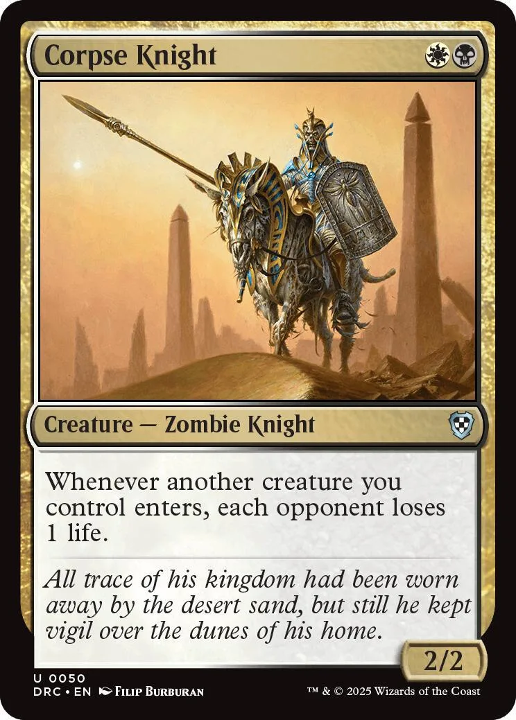 Zombie knight on a horse in a desert landscape, black and gold card art.