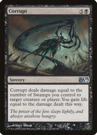 Dark, swampy creature art on a Magic: The Gathering "Corrupt" card.
