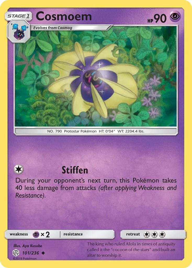 Purple and yellow flower Pokémon card with Stage 1 evolution and ability text.