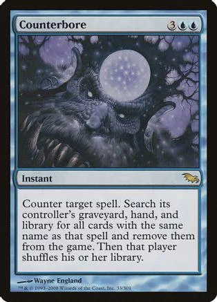 Dark, furry creature under a glowing moon on a blue Magic: The Gathering card.