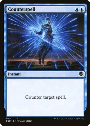 Blue and white Magic: The Gathering card, Counterspell, featuring a glowing figure.