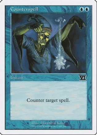 Blue and green card art featuring a figure casting a spell. Counterspell instant.