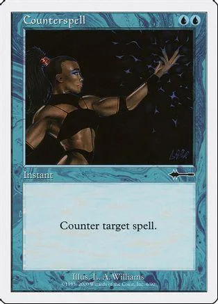 Dark-haired figure casting spell against dark background. Blue and white card.