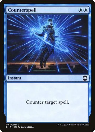 Blue and white Magic: The Gathering card, "Counterspell," featuring a glowing figure.