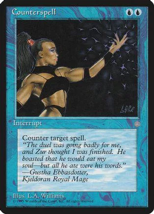 Woman with dark hair casts magic against a dark background. Blue and black card.