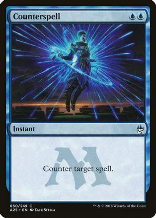 Blue and purple art card featuring a glowing figure, Counterspell instant.