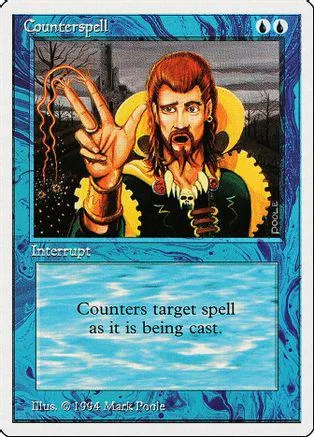 Counterspell Magic: The Gathering card featuring a bearded man, blue and black colors.