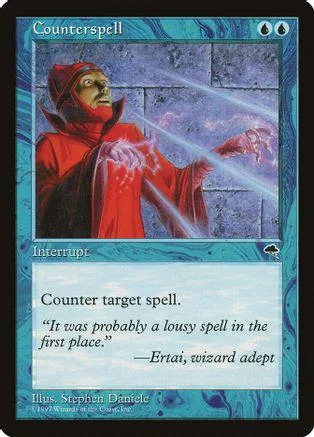 Red-robed figure casting spell on blue, marbled Magic: The Gathering card.