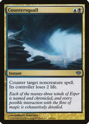 Dark, stormy landscape art on a Counterspell instant magic card.