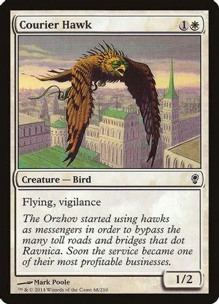 Brown hawk flying over a cityscape on a Magic: The Gathering card.