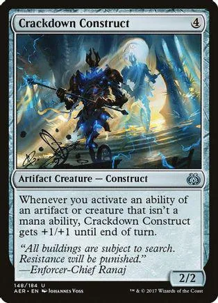 Blue and black construct creature card with glowing blue energy on a dark background.