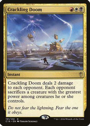 Magic: The Gathering card, Crackling Doom, blue and purple lightning storm art.