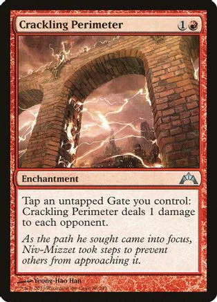 Brick archway with lightning striking through, on a Magic: The Gathering card.