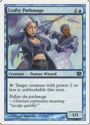 Wizard with white hair and man in robes on a fantasy card.