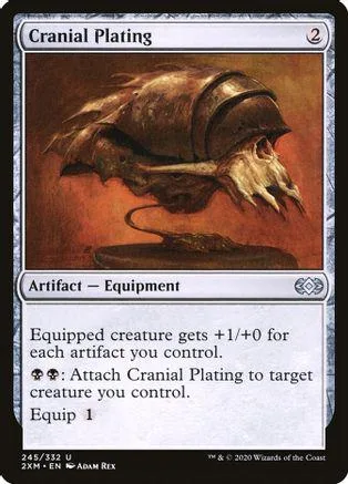 Skull-like creature on brown background. Magic: The Gathering card, Cranial Plating.