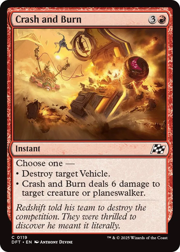 Card art depicts a fiery vehicle crash amidst explosions and smoke.