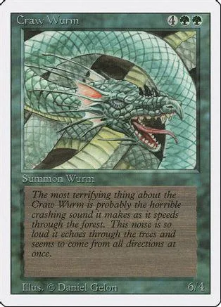 Green and black swamp creature card art, "Craw Wurm," with text box below.
