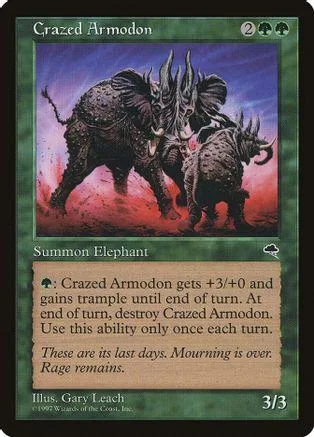 Dark, armored rhinoceros creatures on a purple background, Magic: The Gathering card.