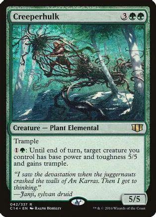 Green, monstrous plant creature card art with dark, tangled roots and forest background.