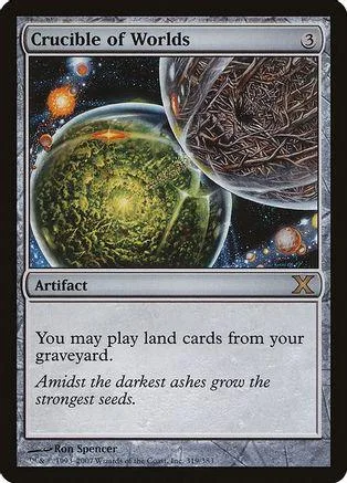 Magic: The Gathering card, Crucible of Worlds, green and dark cosmic art.