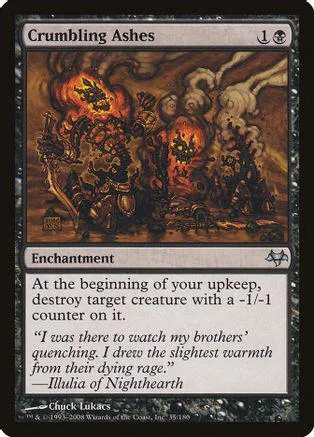 Dark fantasy art card showing fiery destruction and shadowy figures.