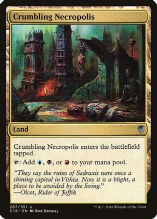 Magic: The Gathering land card, Crumbling Necropolis, dark ruins scene.