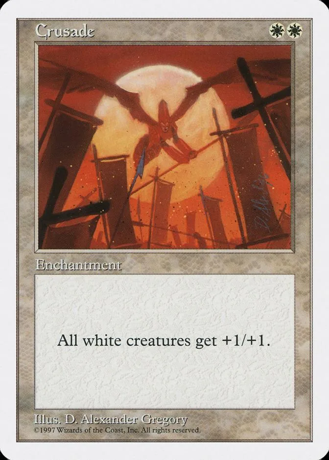 Magic: The Gathering card, Crusade, featuring a fiery moon and dark silhouettes.