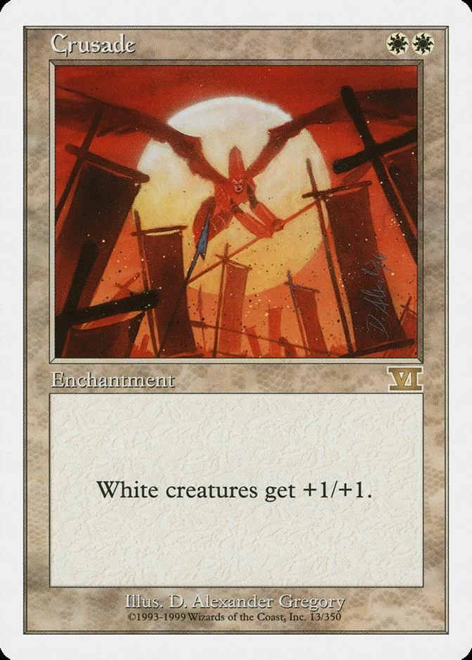 Red and orange fantasy card art featuring crossed swords against a bright moon.