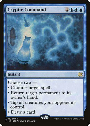 Blue and white Magic: The Gathering card, Cryptic Command, showing a glowing creature.