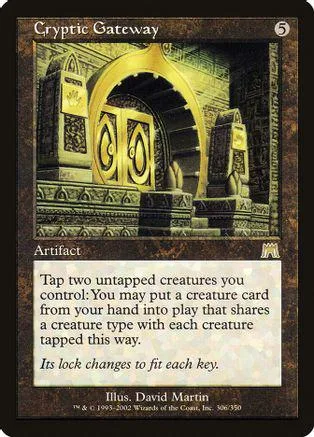 Gold and green magical gateway artifact card with intricate stone archway design.