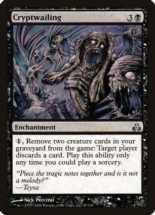 Dark, monstrous creature on a Magic: The Gathering card, Cryptwailing enchantment.