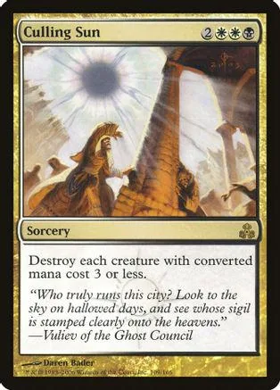 Card art shows a figure under a bright sun near a large structure.