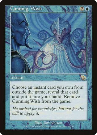 Blue and white card art featuring a mystical, swirling creature. Text reads "Cunning Wish.